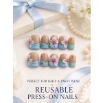 Fresh Blue French 3D‑Floral Press‑On Nails, Short Square Hand‑Painted Green Leaf False Nails with Metal Starfish & Gold Beads